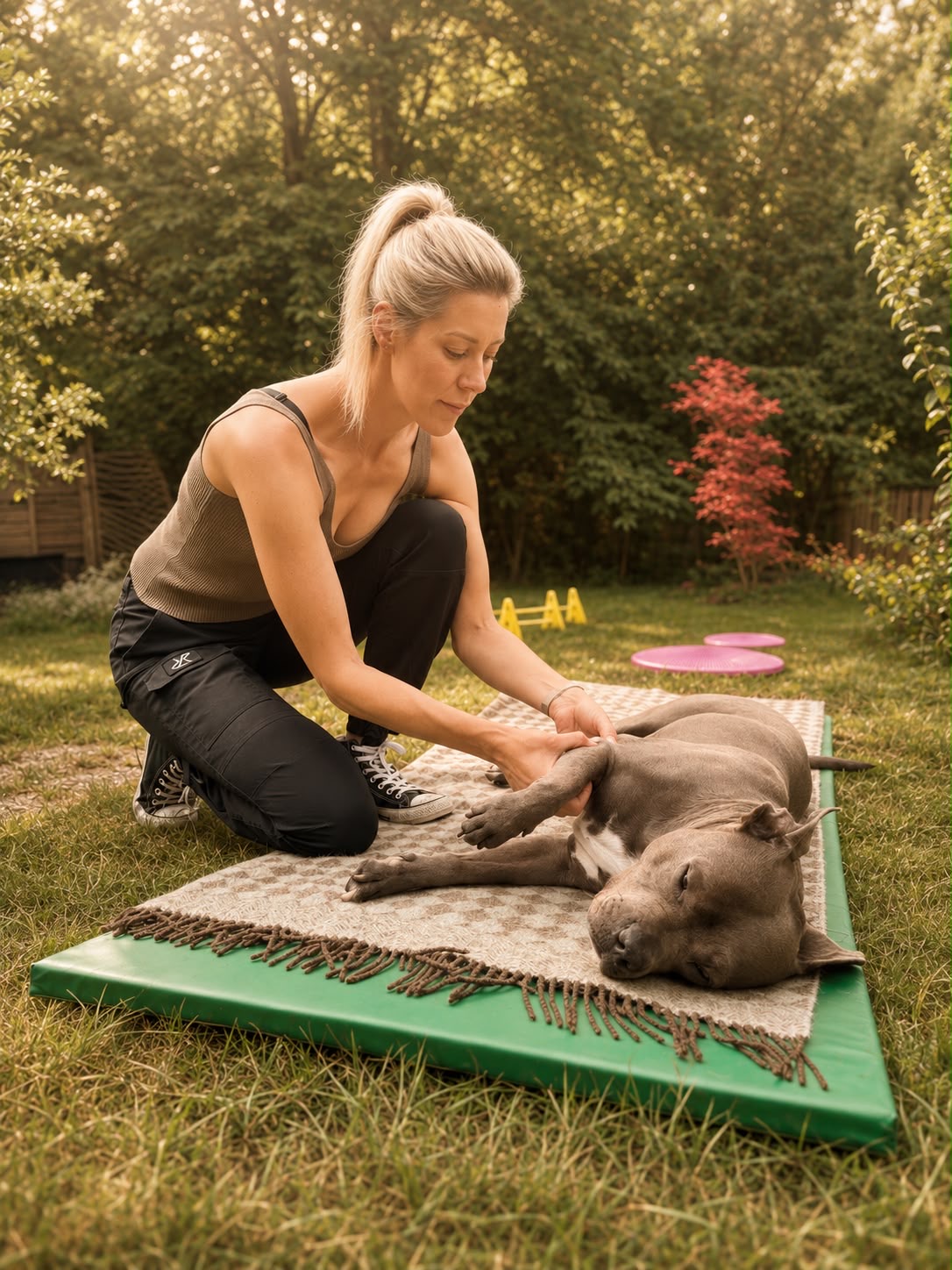 Nadine Boekhoff bei der Anamnese beziehungsweise Gelenkfunktionsprüfung in Seevetal im Rahmen einer tierphysiotherapeutischen Behandlung.
