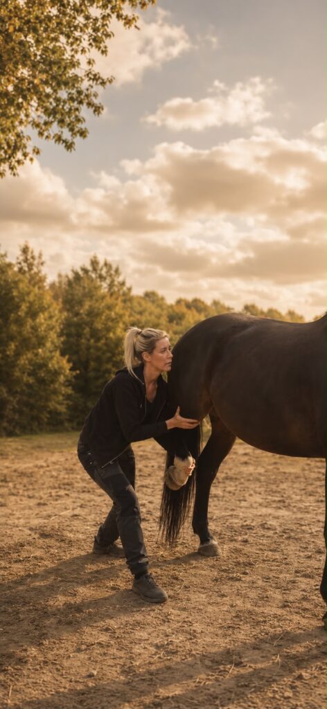 Nadine Boekhoff bei der Durchführung einer Gelenkfunktionsprüfung bei einem Pferd im Rahmen einer tierphysiotherapeutischen Anamnese.