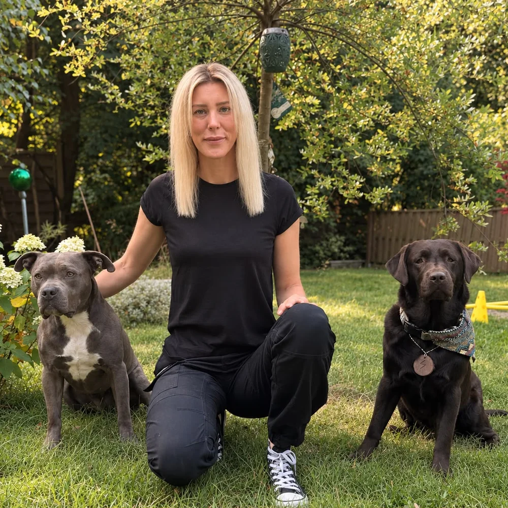 Nadine Boekhoff mit zwei Hunden – mobile Tierphysiotherapie und Tierheilpraktik in Buchholz in der Nordheide.