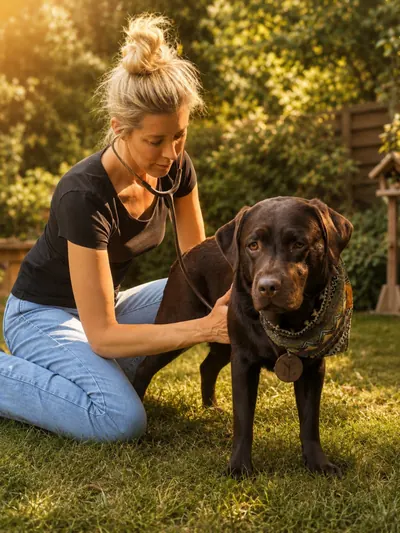 Allgemeine Untersuchung durch Nadine Boekhoff mit einem Stethoskop zur Prüfung der Herz- und Lungenfunktion im Rahmen einer tierheilpraktischen Behandlung.