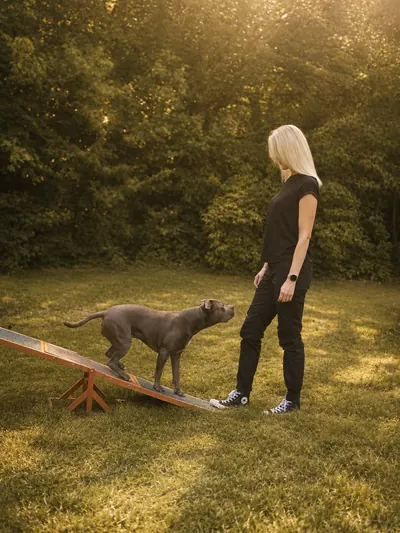 Nadine Boekhoff bei der Durchführung einer Balanceübung mit Aktivierung der Muskulatur im Rahmen einer tierphysiotherapeutischen Behandlung.